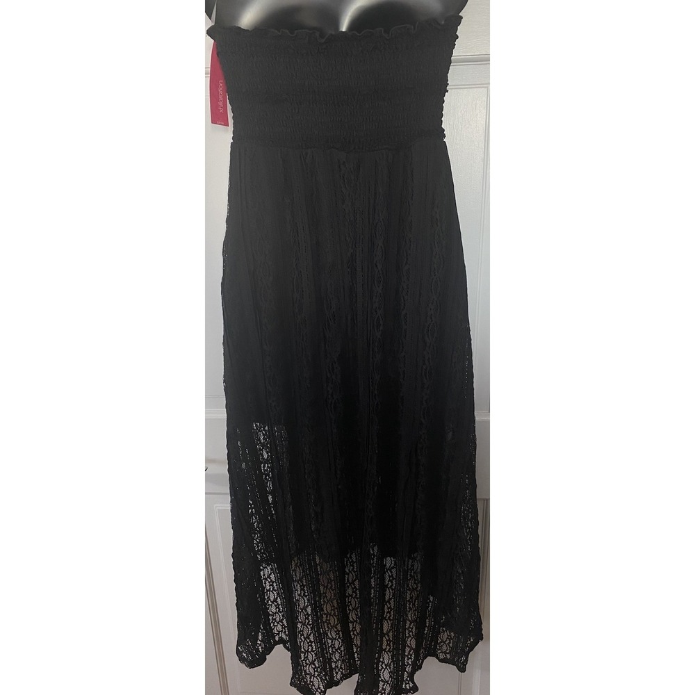 NWT‎ Xhilaration Black Lace Strapless Maxi Dress Size S Smocked High Low Boho - Picture 2 of 15
